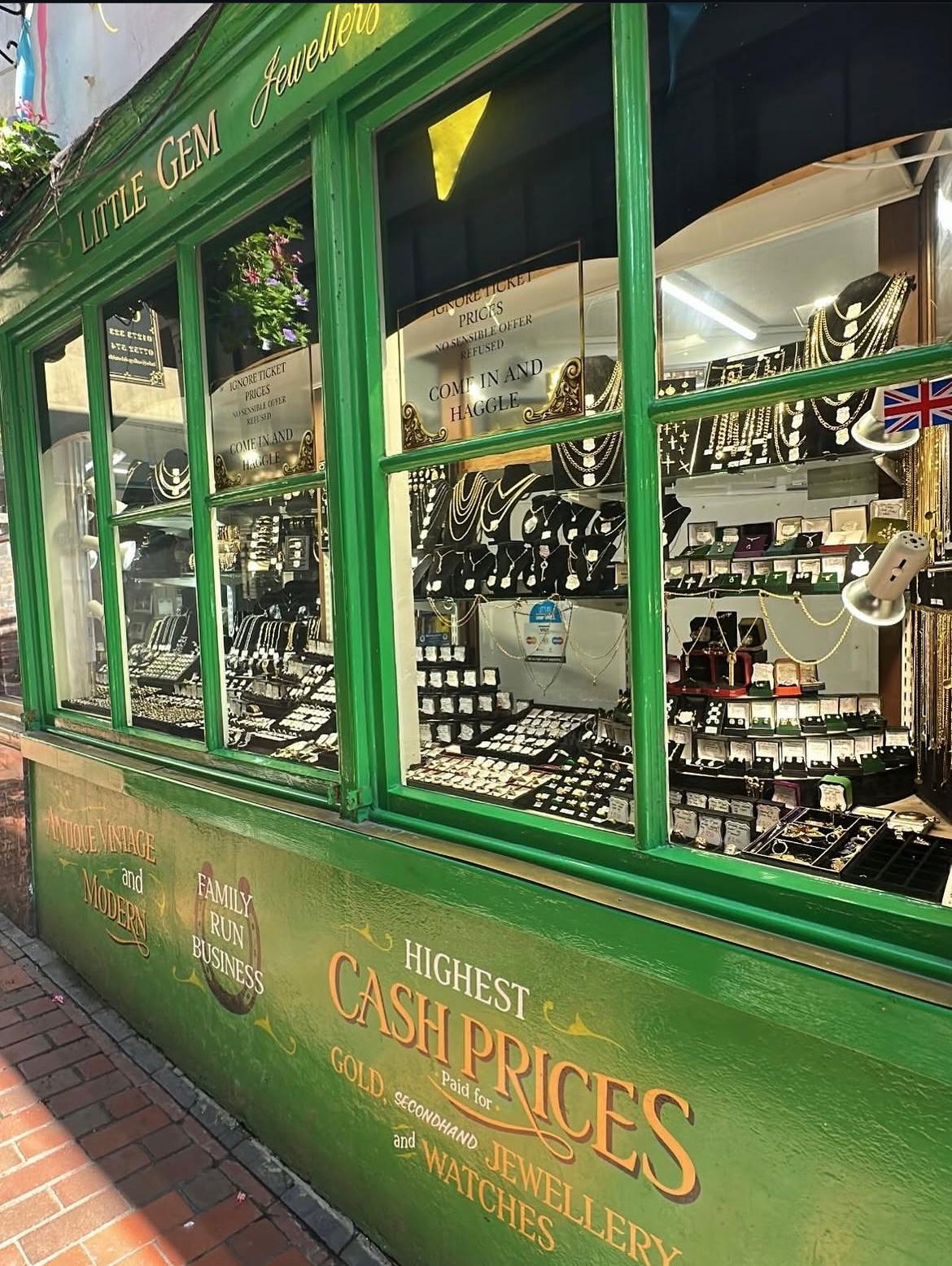 Little Gem Jewellers shopfront in The Lanes, Brighton - green Victorian jewellery shop with gold signage